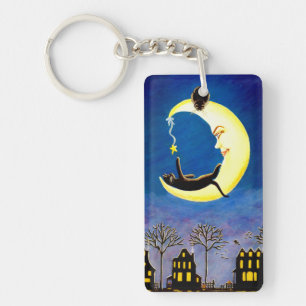 Halloween crescent moon and black cats key ring