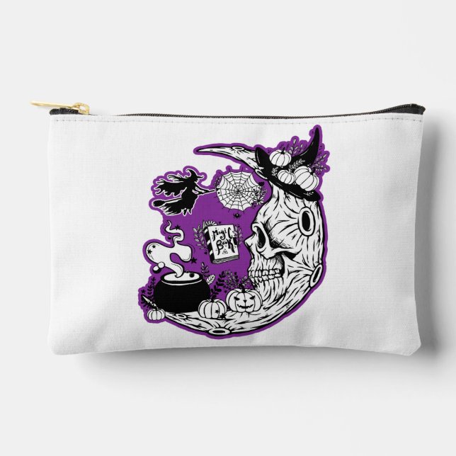 Halloween Crescent Moon Witch Skull Accessory Pouch (Front)