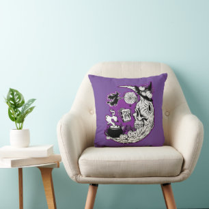 Halloween Crescent Moon Witch Skull Cushion