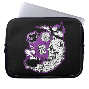 Halloween Crescent Moon Witch Skull Laptop Sleeve
