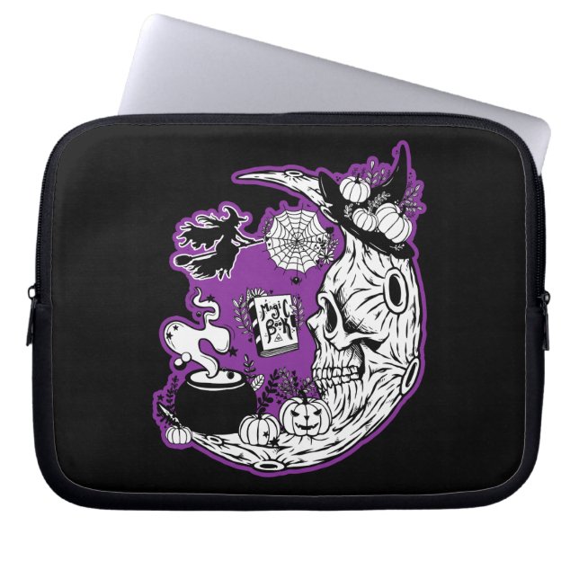 Halloween Crescent Moon Witch Skull Laptop Sleeve (Front)