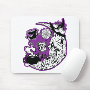 Halloween Crescent Moon Witch Skull Mouse Pad