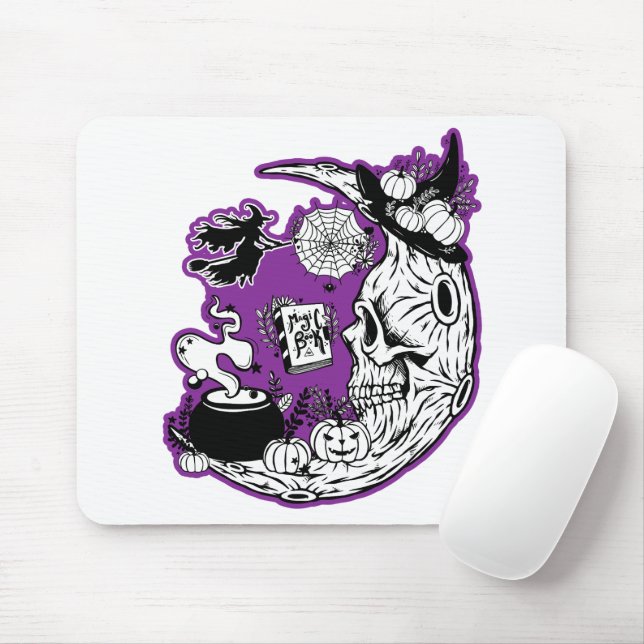 Halloween Crescent Moon Witch Skull Mouse Pad (With Mouse)