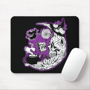 Halloween Crescent Moon Witch Skull Mouse Pad