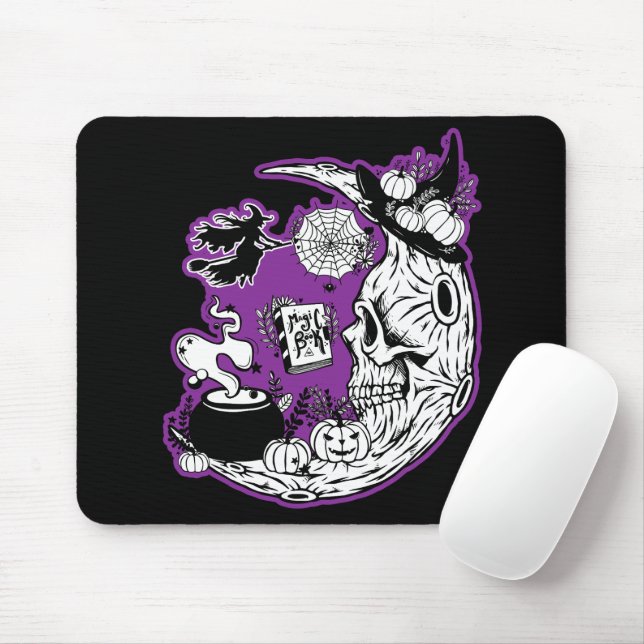 Halloween Crescent Moon Witch Skull Mouse Pad (With Mouse)