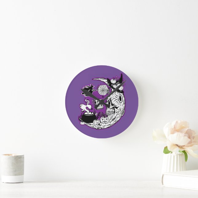 Halloween Crescent Moon Witch Skull Round Clock (Home)