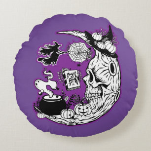 Halloween Crescent Moon Witch Skull Round Cushion