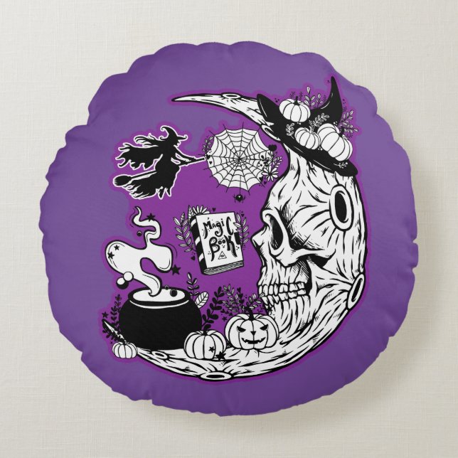 Halloween Crescent Moon Witch Skull Round Cushion (Front)