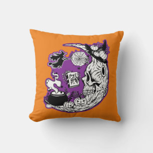 Halloween Crescent Moon Witch Skull Throw Pillow