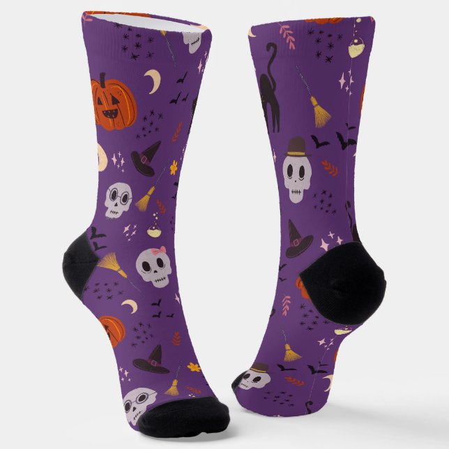 Halloween Crew Socks – Skulls, Pumpkins & Black  (Angled)