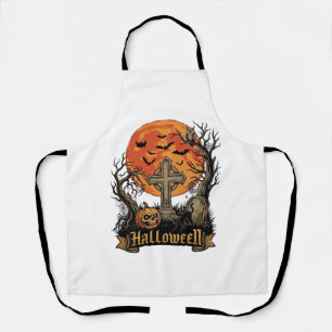 Halloween Cross Gravestone Skull Pumpkin Black Cat Apron
