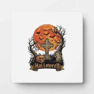 Halloween Cross Gravestone Skull Pumpkin Black Cat Plaque