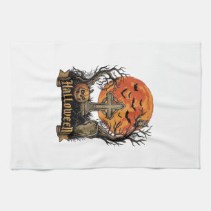 Halloween Cross Gravestone Skull Pumpkin Black Cat Tea Towel