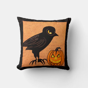 Halloween Crow and Pumpkin Nevermore by kedoki Cushion