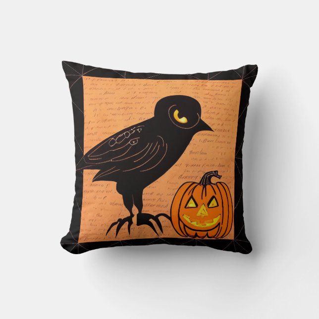 Halloween Crow and Pumpkin Nevermore by kedoki Cushion (Front)
