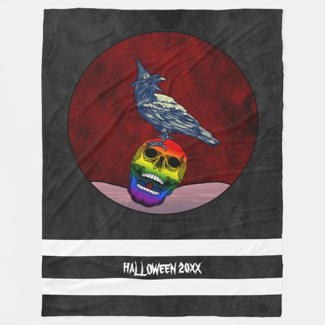Halloween Crow on Skull in Rainbow Flag Colours Fleece Blanket (Front)