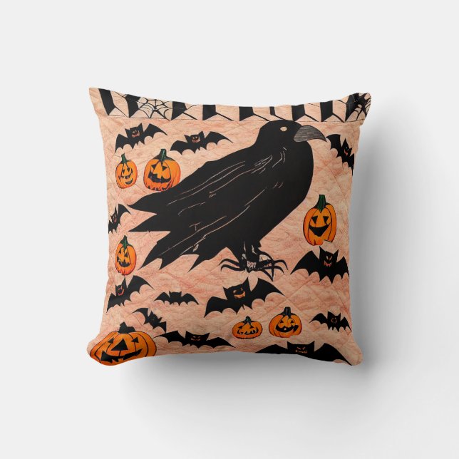 Halloween Crow Pumpkins and Bats by kedoki Cushion (Front)