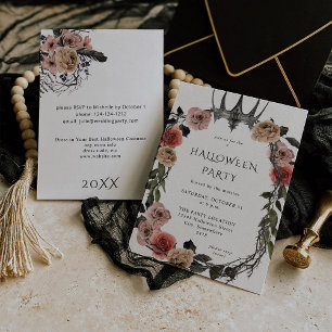 Halloween Crown Pink & Black Floral Party - White Invitation
