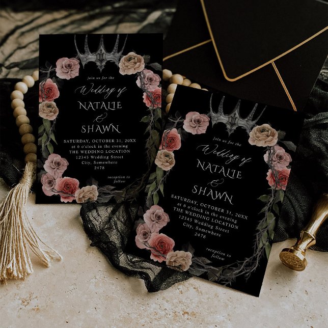 Halloween Crown Pink & Black Floral Wedding - B Invitation (Creator Uploaded)