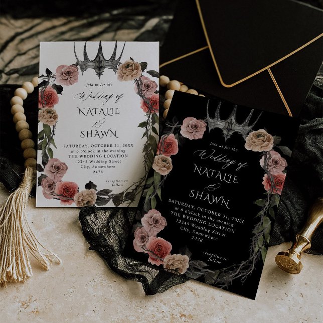 Halloween Crown Pink & Black Floral Wedding Invitation (Creator Uploaded)