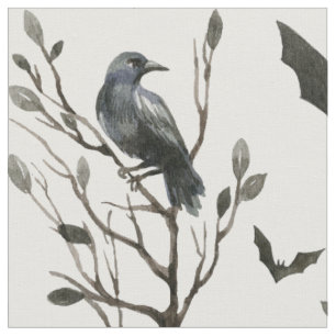 Halloween Crows Bats Black and White Watercolor Fabric