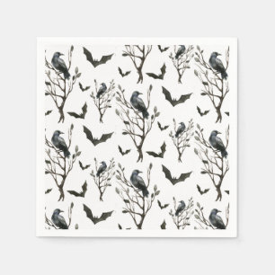 Halloween Crows Bats Black and White Watercolor Napkin