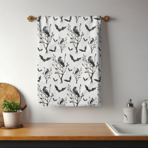 Halloween Crows Bats Black and White Watercolor Tea Towel
