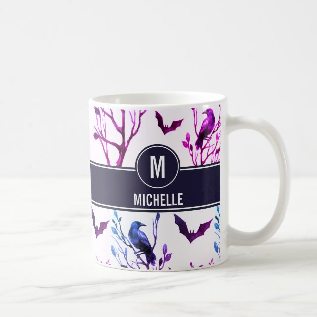 Halloween Crows Bats Monogram Personalised Name Coffee Mug (Right)