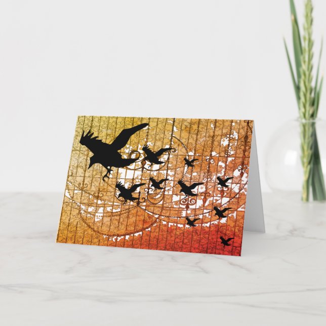 Halloween Crows fly through haunted castle ablaze Card (Front)