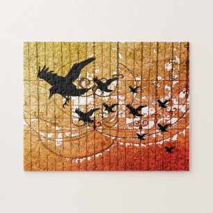 Halloween Crows fly through haunted castle ablaze Jigsaw Puzzle