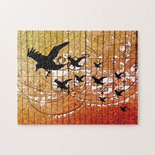 Halloween Crows fly through haunted castle ablaze Jigsaw Puzzle (Horizontal)