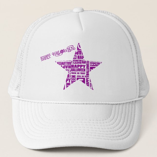 Halloween Custom Cool Whimsical Typography Purple Trucker Hat (Front)
