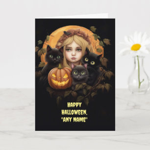 Halloween Custom Name Cute Black Cats and Girl Card