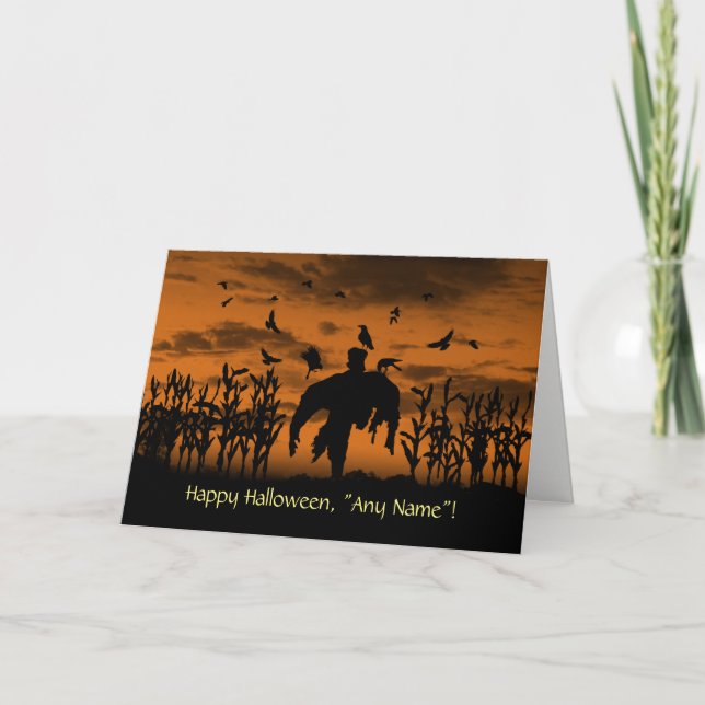Halloween Custom Name Spooky Scarecrow  Holiday Card (Front)