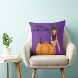 Halloween Custom Whimsical Cute Witch Purple Cushion