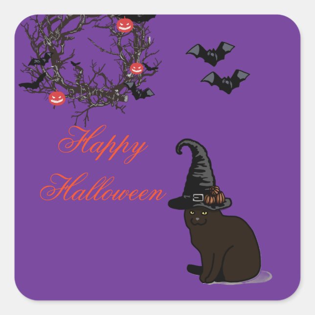  Halloween Custom Whimsical Funny Cat Purple  Square Sticker (Front)