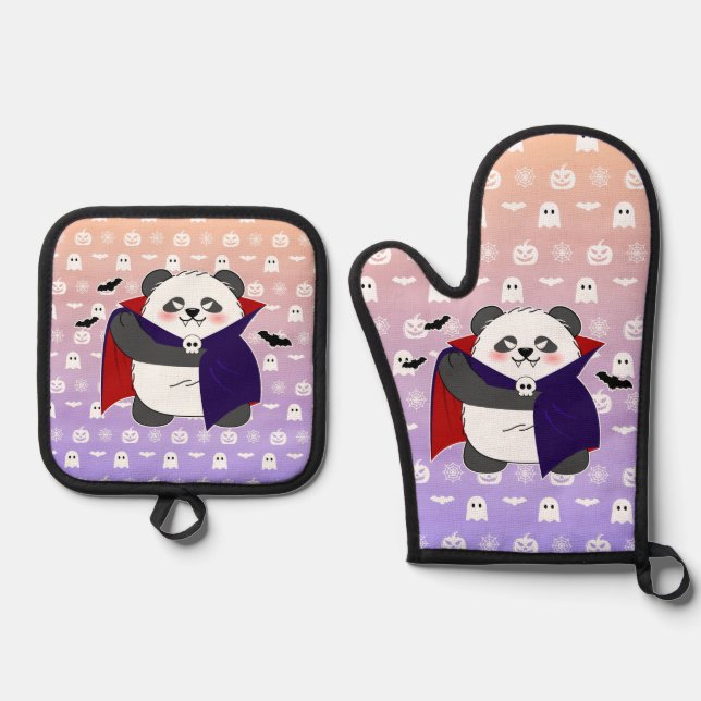 Halloween Cute Baby Panda Dracula Vampire Oven Mitt & Pot Holder Set (Front)