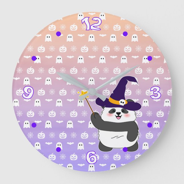 Halloween Cute Baby Panda Witch Magic Wand Large Clock (Front)