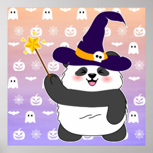 Halloween Cute Baby Panda Witch Magic Wand Poster