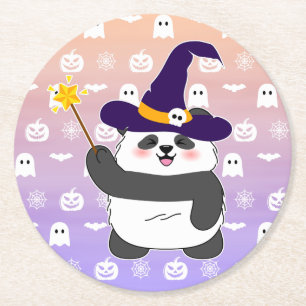 Halloween Cute Baby Panda Witch Magic Wand Round Paper Coaster