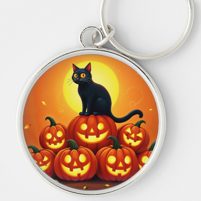 Halloween cute black cat and Jack’s lanterns Key Ring (Front)
