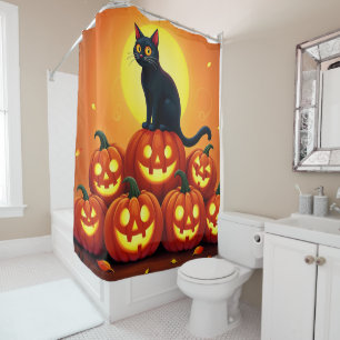 Halloween cute black cat and Jack’s lanterns Shower Curtain