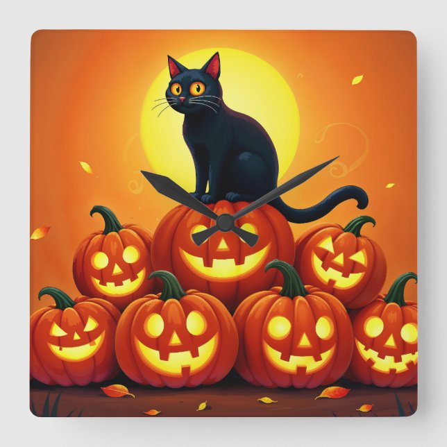 Halloween cute black cat and Jack’s lanterns  Square Wall Clock (Front)