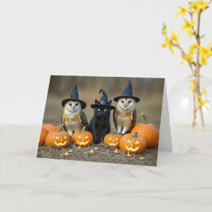 Halloween Cute Black Cat and Owls Jack O Lantern  Card