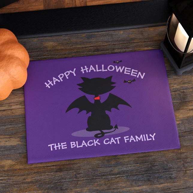 Halloween Cute Black Cat Bat Purple Family Doormat (Happy Halloween! My black cat's favorite time of the year. Here's a fun doormat just for you!)