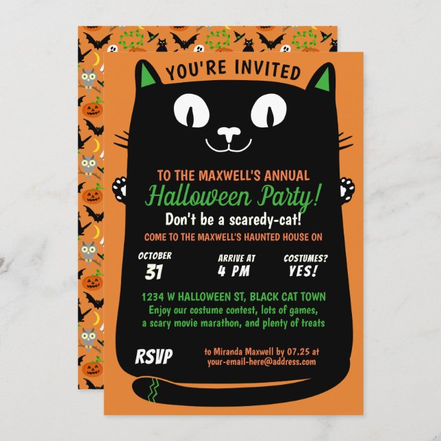 Halloween Cute Black Cat Kids Party Spooktacular Invitation (Front/Back)