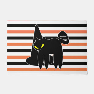 Halloween Cute Black Cat Witch Hat Stripes Doormat