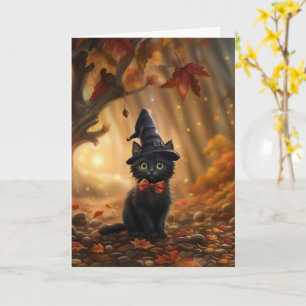Halloween Cute Black Cat with Witch Hat and Fall  Card