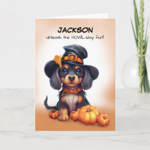 Halloween Cute Black Dog Wearing Hat with Pumpkins Card
