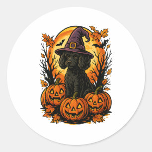Halloween Cute Black Poodle Witch Hat Pumpkins Aut Classic Round Sticker